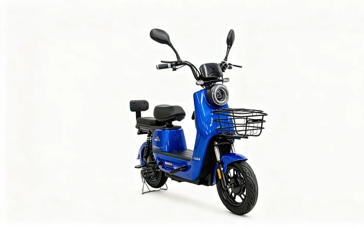 Blue pedal-equipped electric two-wheeler with front basket and passenger backrest